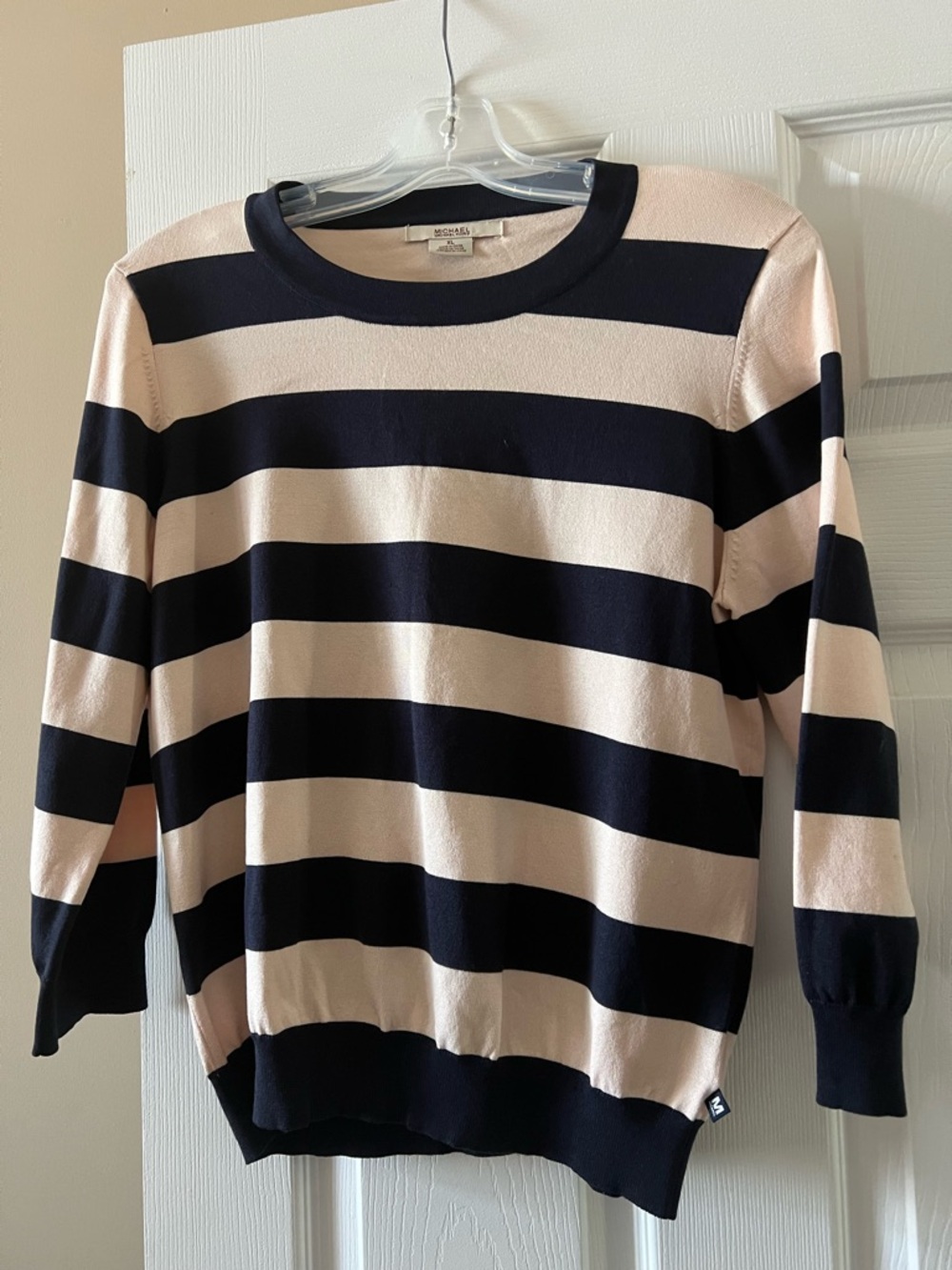 Michael Kors Silk-Blend Navy and Blush Wide-Stripe Crew Sweater